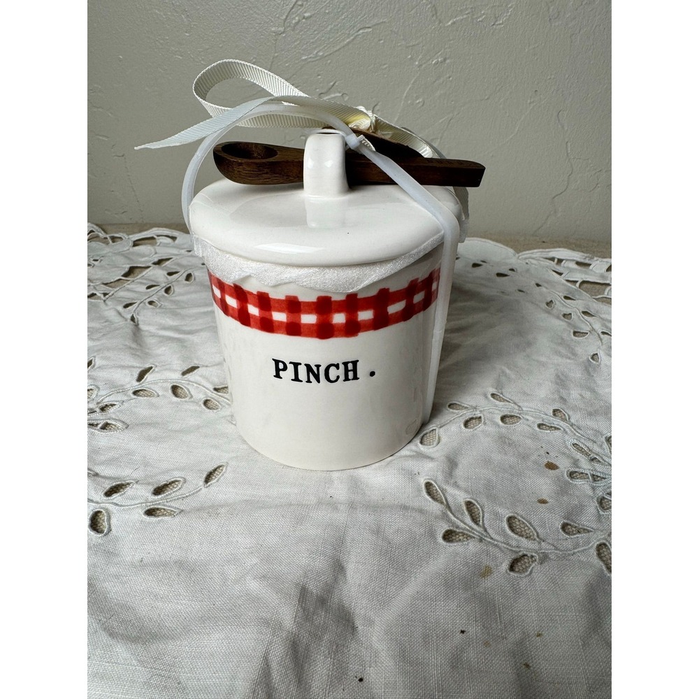 Rae Dunn PINCH small canister small wooden spoon red gingham check salt cellar